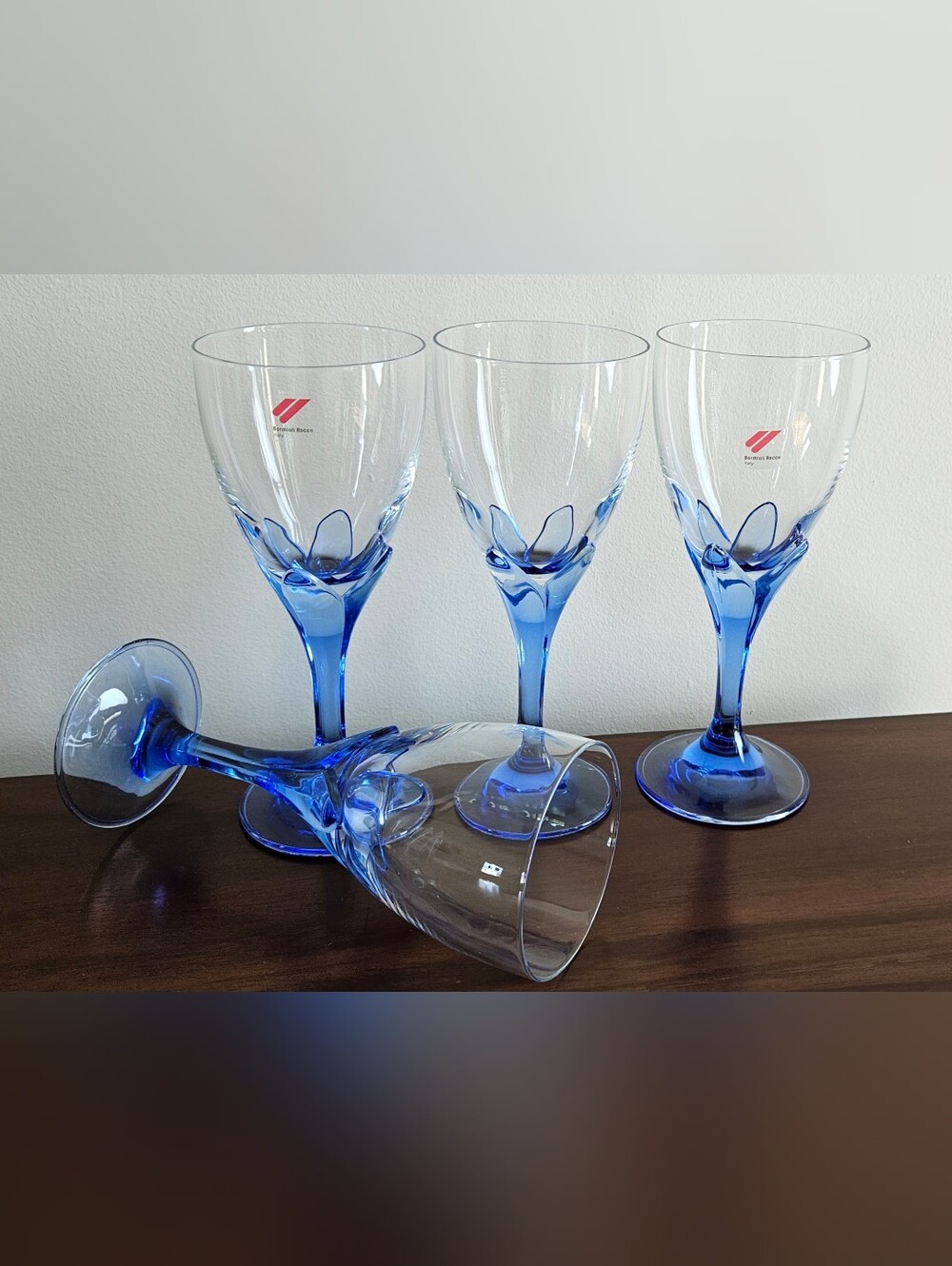 Vintage Bormioli Rocco Blue Stem Wine Glasses Set of 4 Italian Glass